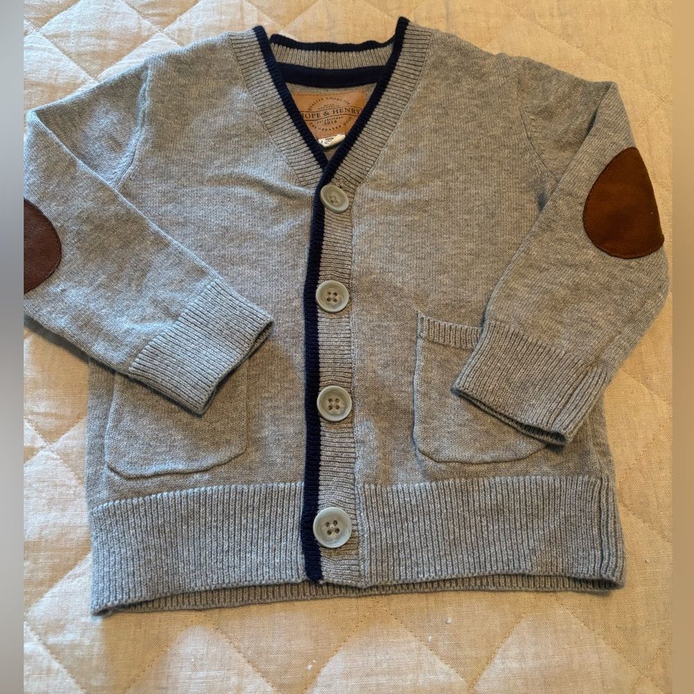 Hope and Henry Boys Gray Cardigan with Brown Suede Elbow Patches